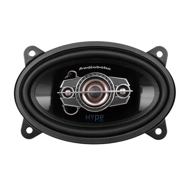juego de bocinas audiobahn hype series 4x6 4 vías 400w para auto as446 Vista frontal centrada de bocina ovalada 4x6" negra con cono y suspensión de goma, tweeter y drivers medios visibles tras rejilla metálica cruzada; logo Audiobahn en el cono, 4 vías, 60W nominal, rango 65 Hz–20 kHz, MPN AS446, adecuada para instalación en puertas o paneles traseros de autos.
