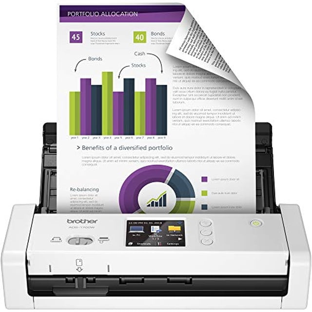 escaner inalambrico de documentos brother, ads-1700w, veloci Escáner blanco Brother ADS-1700W, vista frontal con bandeja de entrada superior abierta y una hoja con gráficos siendo alimentada; panel frontal con pantalla a color y botones circulares, ranura de salida frontal y logo Brother visible; suele usarse para digitalizar recibos y hojas sueltas en oficinas domésticas.