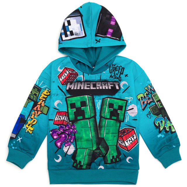 sudadera con capucha Minecraft Creeper Zombie Steve para niños Turquesa 10-12 sudadera turquesa de manga larga talla 10-12 con estampado sublimado: dos Creepers pixelados verdes y logo Minecraft en el pecho, cajas TNT y gráficos tipo graffiti, capucha forrada, cierre de tirar y puños acanalados, fondo blanco. Su tamaño compacto la hace adecuada como prenda cálida para actividades diarias y juegos al aire libre.
