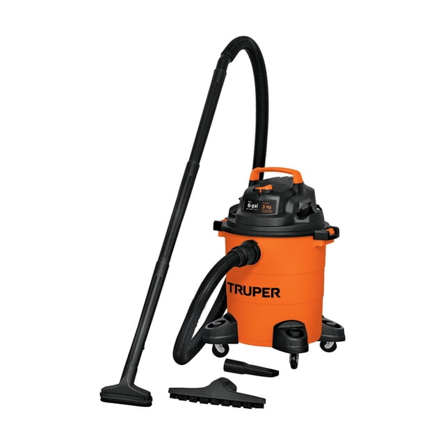 aspiradora truper de 6 galones aspi-06 Aspiradora de tambor TRUPER color anaranjado de 6 galones con cuerpo cilíndrico y tapa negra; manguera flexible negra con tubo telescópico, ruedas giratorias, boquilla plana y cepillo para pisos. Suele usarse también para aspirar residuos en talleres pequeños o vehículos.