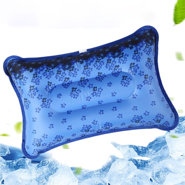 almohada de hielo de verano, gel refrescante, almohada de agua azul con estampado floral, cojín rectangular acolchonado con borde de tela y válvula visible, apta para enfriar mascotas y uso en camping; a menudo usada como cojín portátil para viajes.