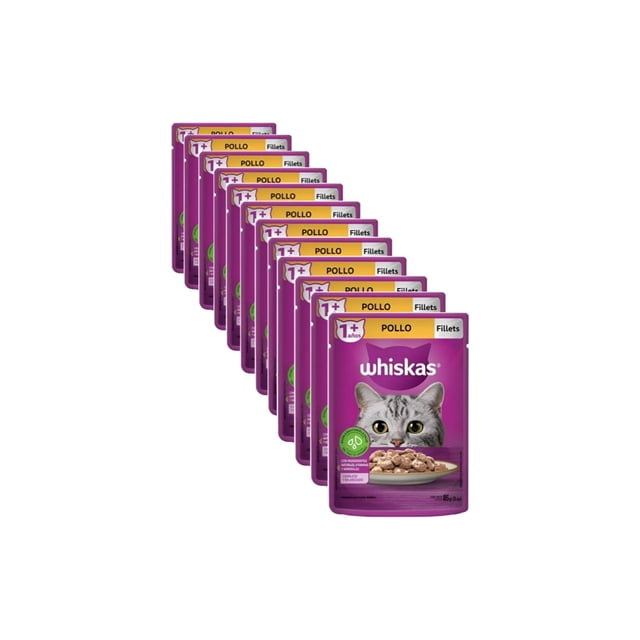 caja whiskas sobre gato filets pollo 85 g (12 pzas) paquete de 12 sobres alineados en ligera perspectiva; sobres morado con logo WHISKAS, franja amarilla "POLLO" y foto de gato gris junto a filetes húmedos en plato; cada sobre indica 85 g, formato húmedo listo para servir.