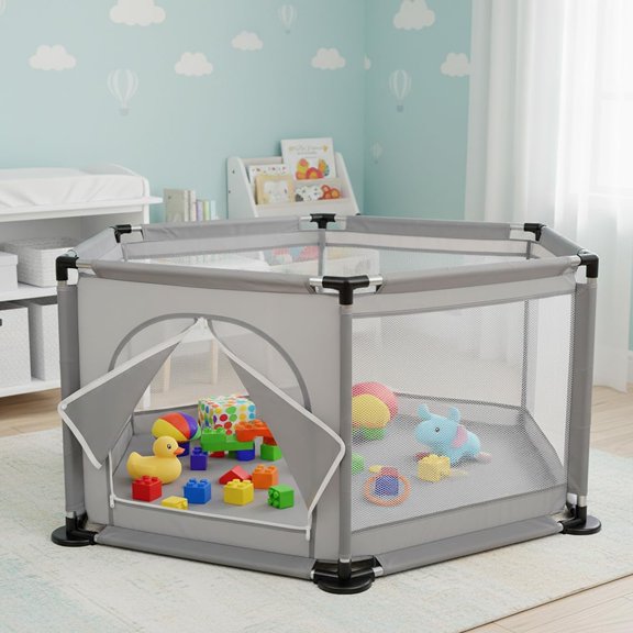 Corral De Multi-Juegos Hexagonal Para Bebes Niños Corralito Para Bebé Juego De Parque Infantil Parque Para Bebés Malla Suave y Transpirable Anticaída (Gris)