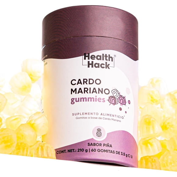 Health Hack Cardo Mariano en Gomitas, 1000 mg, con NAC y Ácido Alfa Lipoico, Sabor Piña, Vegano, Sin Azúcar, 60 Gomitas