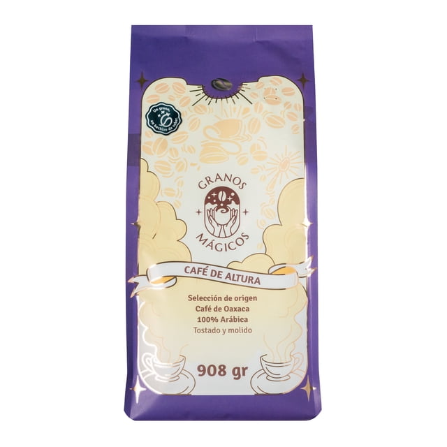 café molido de altura granos mágicos 908 g – 100% arábica de oaxaca paquete frontal morado con etiqueta crema y logo central, texto legible “Café de Altura”, origen Oaxaca y 908 g impresos; café tostado y molido listo para preparar, indicado para hogar u oficina.