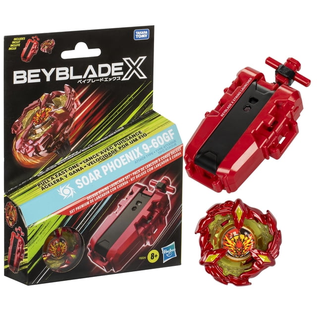 toy beyblade beyblade x soar phoenix 9-60gf con lanzador de cuerdas Vista centrada que muestra la caja del set y los componentes; peonza de ataque giratoria a la derecha Soar Phoenix 9-60GF en rojo con hojas metálicas pintadas y núcleo translúcido amarillo, y lanzador de cuerdas rojo con empuñadura negra y mango en T sobre fondo blanco. A menudo se usa para practicar lanzamientos de precisión entre jugadores jóvenes.