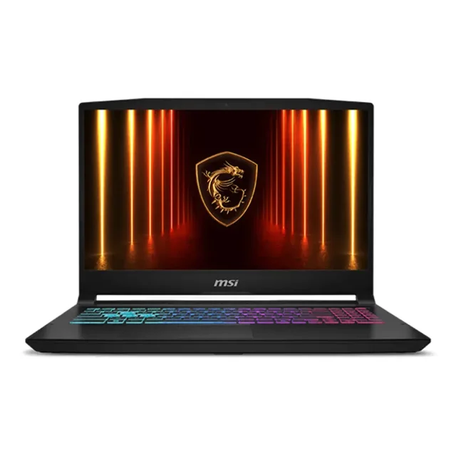 laptop gamer msi katana geforce rtx 5070 core i7 14650hx 16gb ddr5 ssd 1tb 15.6" teclado ingles gaming y edicion multimedia Vista frontal de la MSI Katana en color negro con pantalla QHD 15.6" encendida, teclado inglés retroiluminado RGB y logotipo MSI en el bisel inferior; diseñada para gaming y edición multimedia, también usada frecuentemente para streaming ligero.