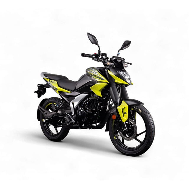 motocicleta bajaj pulsar n125 fi cbs citrus 2026 vista 3/4 frontal centrada, color citrus y negro, silueta deportiva con tanque angulado y colín escalonado; tablero digital con bluetooth (según especificaciones), faro LED frontal, llantas de aleación de cinco radios y freno delantero de disco; carenados aerodinámicos con gráficos 'Pulsar', manubrio con espejos y suspensión telescópica. Suele usarse para desplazamientos urbanos.