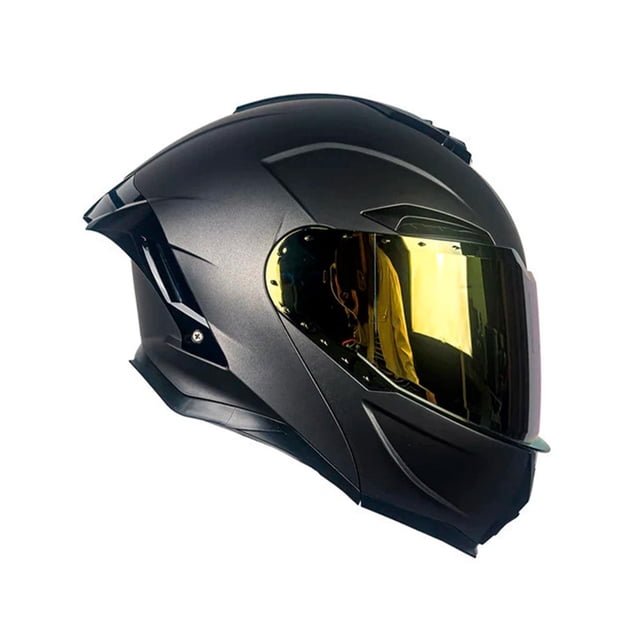 casco kov abatible moto apolo gris certificado dot + lente casco abatible Apolo en gris, vista 3/4 derecha con visor iridio dorado instalado; casco integral con alerón desmontable, entradas de ventilación superiores y frontales, visera interna solar replegada, espacio para lentes graduados y cierre micrométrico, compatible con dispositivos Bluetooth; también suele usarse para guardado compacto en maleteros de viaje pequeños.