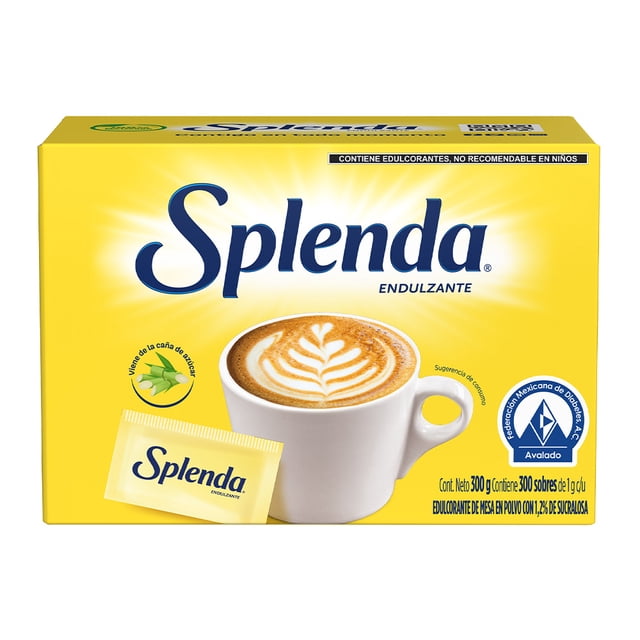splenda endulzante sucralosa 300 sobres caja amarilla frontal con logo Splenda en azul, taza de café con arte latte y sobre individual amarillo visible; empaque de edulcorante en sobres para endulzar bebidas y postres en la despensa.