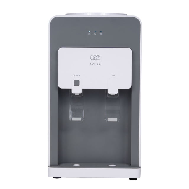 dispensador eléctrico de agua caliente y fría para enceimera, despachador para garrafón de agua de hasta 20l de sobre mesa avera da01e Dispensador Avera Digital gris de encimera con dos pulsadores frontales etiquetados CALIENTE y FRÍA, panel blanco con logo, bandeja recogegotas y tres indicadores LED; compatible con garrafón 20 L y filtro AVERA GAP01, ofrece agua a 90°C y a 15°C y suele utilizarse para preparar bebidas calientes rápidas.