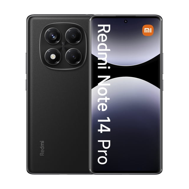 xiaomi redmi note 14 pro 8gb 256gb negro vista frontal y trasera centrada; pantalla AMOLED de 6.67 pulgadas con cámara frontal en orificio y texto en pantalla, trasera en negro mate con módulo de cámara (200MP, 8MP, 2MP), logo Redmi y botones laterales visibles, fondo blanco de estudio. Apto también para quienes buscan un equipo dual SIM y batería de 5500 mAh para uso prolongado.