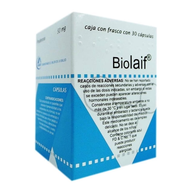 biolaif 50 mg 30 cápsulas — caja de cartón blanca y azul en vista 3/4 con logotipo Biolaif, leyenda "caja con frasco con 30 cápsulas" en la parte superior, panel frontal con texto de reacciones adversas y advertencias y lateral con información de cápsulas.