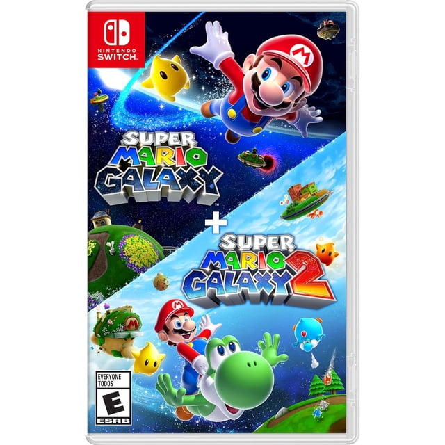 super mario galaxy™ + super mario galaxy™ 2 nintendo switch portada dividida: vista frontal diagonal, mitad superior muestra a Mario flotando en el espacio con un Luma amarillo y planetas pequeños; mitad inferior muestra a Mario sobre Yoshi en un cielo azul con logotipos de ambos juegos y el icono rojo de Nintendo Switch en la esquina superior izquierda.