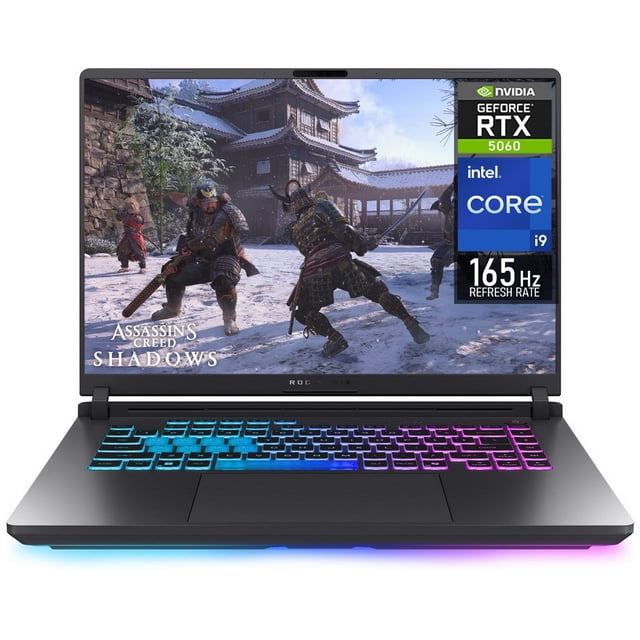 laptop gamer asus rog strix g16 nvidia geforce rtx 5060 intel core i9 14900hx 16gb ram 1tb ssd 16" windows 11 home teclado en ingles vista frontal 3/4 de la portátil abierta; pantalla 16" QHD mostrando escena de juego, chasis negro con líneas angulares, teclado inglés retroiluminado RGB de 4 zonas y touchpad centrado; etiqueta derecha con logos RTX 5060, Intel Core i9 y 165 Hz, fondo neutro.