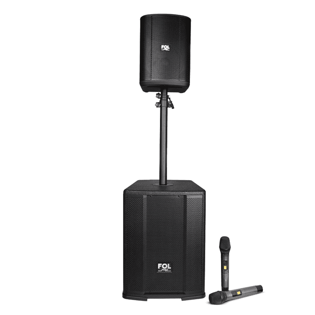 bocina fol torre de audio 10 pulgadas subwoofer 310w recargable inalambrica bluetooth portatil fs-t700 Vista frontal de torre de sonido negra con subwoofer de 10" en la base, columna y bocina satélite superior con logo FOL; dos micrófonos inalámbricos delante. Fondo blanco; ideal para karaoke, eventos y presentaciones en vivo y también adecuada para prácticas de música en espacios pequeños.