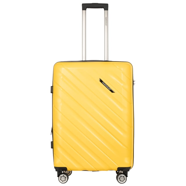 maleta de viaje rígida de 25 pulgadas hardhead proximity amarillo nueva maleta rígida amarilla 25" con asa telescópica extendida, 4 ruedas 360°, borde negro, patrón diagonal en relieve y candado TSA incluido; suele usarse también para viajes de fin de semana o de negocios.