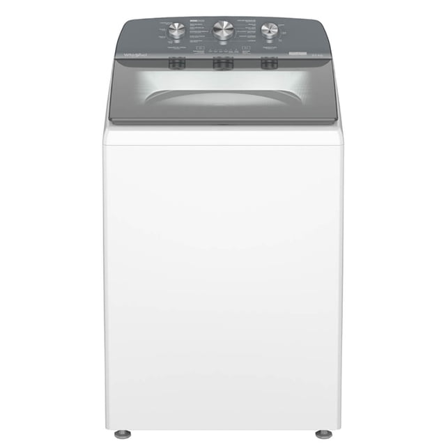 lavadora whirlpool carga superior 22kg xpert system frontal centrada de lavadora blanca con tapa de cristal templado gris oscuro, panel superior gris con tres perillas, luz LED indicadora de etapa, bloqueo de tapa, agitador Double Action y canasta 100% acero inoxidable; modelo 8MWTW2223WPM, suele utilizarse para cargas grandes y lavado potente.