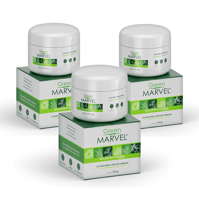 green marvel bálsamo herbal 3 pack de 250 gr Tres frascos blancos con tapa gris sobre sus cajas blancas y verdes; envases redondos de 250 g con banda verde que muestra el nombre Green Marvel y sellos visibles, crema corporal herbal de herbolaria en empaque blanco y verde.