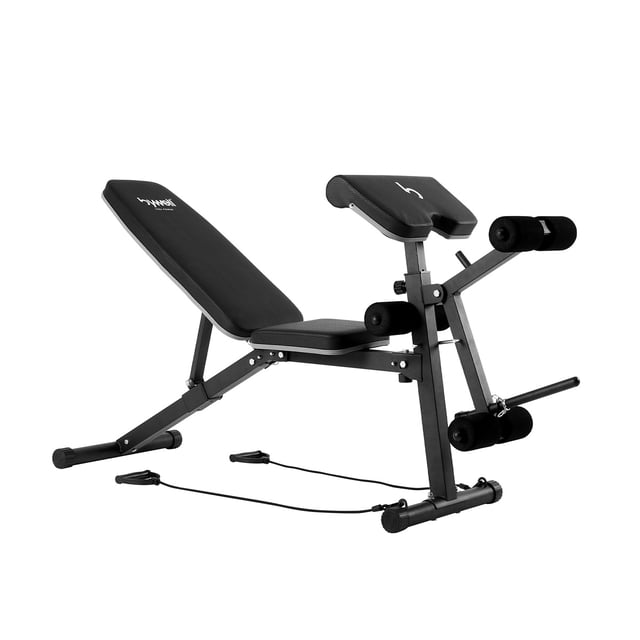 banco multiposiciones bywell ajustable gym brazo y pierna banco de entrenamiento con respaldo ajustable en 7 posiciones, estructura de acero negra y asiento acolchado, soporte para piernas con rodillos y cuerdas de resistencia; soporta hasta 120 kg, vista 3/4 lateral, también apto para ejercicios de aislamiento de piernas y uso con bandas durante viajes.