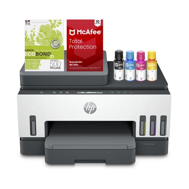 kit multifuncional hp 750 smart tank color + tintas + papel + antivirus, impresora HP Smart Tank 750 frontal con bandeja de salida y tanque de tinta frontal visible; cuatro botellas GT52/GT53 (negro, cian, magenta, amarillo), pack de 500 hojas y caja McAfee Total Protection sobre la tapa; conectividad Wi‑Fi integrada y funciones de impresión, escaneo y copiado.