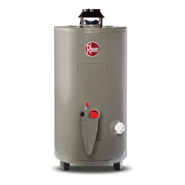 calentador de agua todo terreno alto rendimiento 48 litros a gas natural 2 servicios gris Rheem, vista frontal centrada de depósito vertical gris con logo Rheem, perilla roja de control, salida lateral y boquilla superior de ventilación; encendido piezo eléctrico y diseñado para operar con baja o alta presión de agua. Suele usarse también para suministro continuo en viviendas y para instalaciones con acceso limitado.