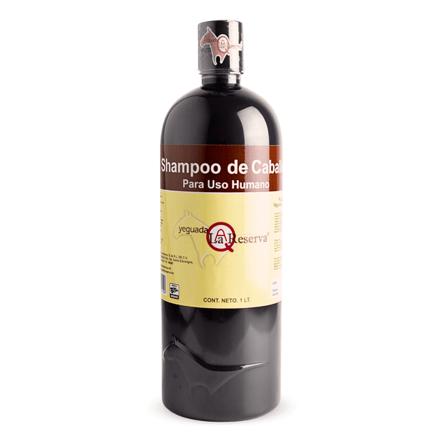 shampoo de caballo negro yeguada la reserva 1 litro ideal para todo tipo de cabello botella negra de 1 L, vista frontal centrada; etiqueta beige con logo Yeguada La Reserva y texto 'Shampoo de Caballo Para Uso Humano', tapa de rosca negra; según especificación estimula el crecimiento y fortalece desde la raíz; suele usarse también para limpieza profunda de peines y accesorios de peluquería.