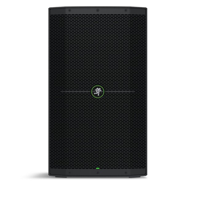 bafle activo 12' mackie negro 40x67x40 Vista frontal centrada del bafle activo Mackie Thump 12" negro con rejilla metálica perforada y logo verde en el centro, carcasa rectangular compacta y base plana; diseñado para PA, DJs y bares, 1400 W y respuesta 47 Hz–23 kHz; a menudo usado también para refuerzo de sonido en eventos móviles.