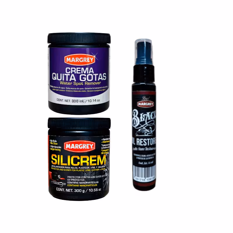 Combo Margrey Restauración y Brillo Exterior | Quita Gotas 300 ml + Oil Restorer 50 ml + Abrillantador Silicrem 300 g