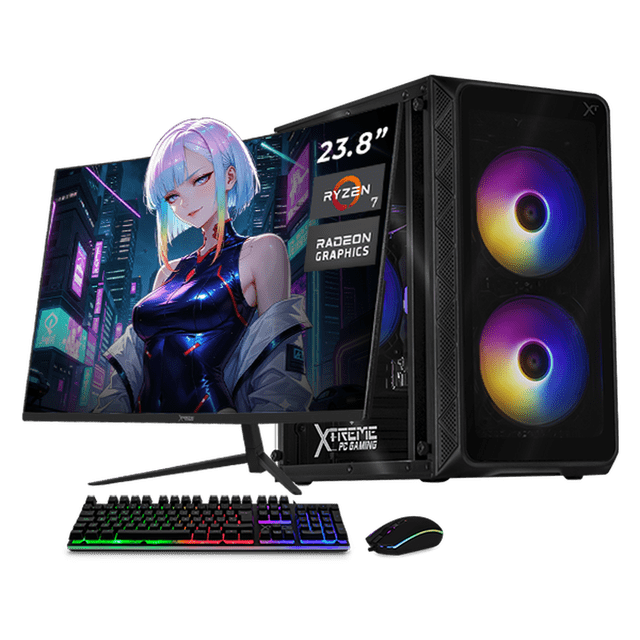 Computadora Escritorio Completa Xtreme PC Gaming AMD Radeon Vega Renoir Ryzen 7 5700G 16GB SSD 1TB Monitor Curvo 23.8 100Hz WIFI Black juegos casuales, trabajo y estudio