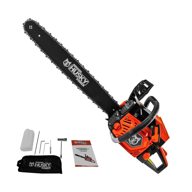 motosierra swedish husky power 22 pulgadas 58 cc 3.2 hp hkm5822 naranja, 3/4 frontal con espada de 22" y cadena 0.325", motor gasolina 2 tiempos y tanque 550 ml; incluye funda, manual y herramientas, adecuada para poda y derrame de árboles en jardines y fincas.