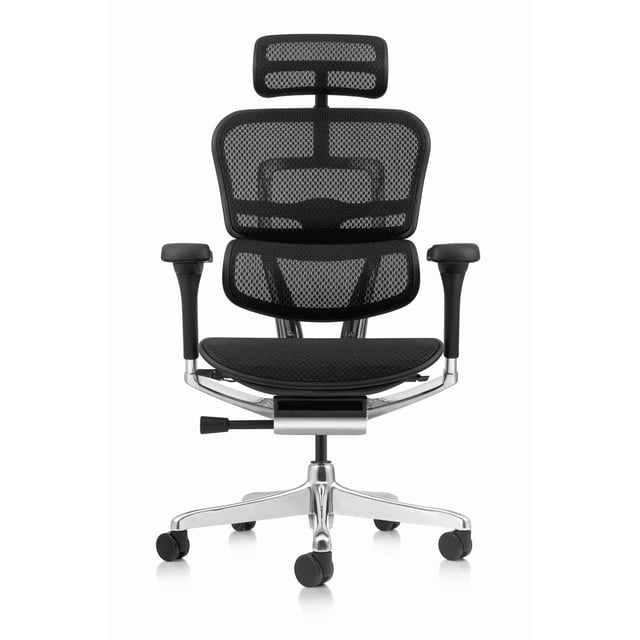 silla oficina ergonómica ergohuman elite 2 negro — vista frontal centrada de silla negra para interior con respaldo y asiento de malla transpirable, cabecero ajustable, soporte lumbar regulable, asiento con desplazador para profundidad, apoyabrazos ajustables 5D, mecanismo sincrónico reclinable y base de aluminio de 680 mm con ruedas de silicona para piso flotante; también suele usarse para largas jornadas de teletrabajo o gaming.