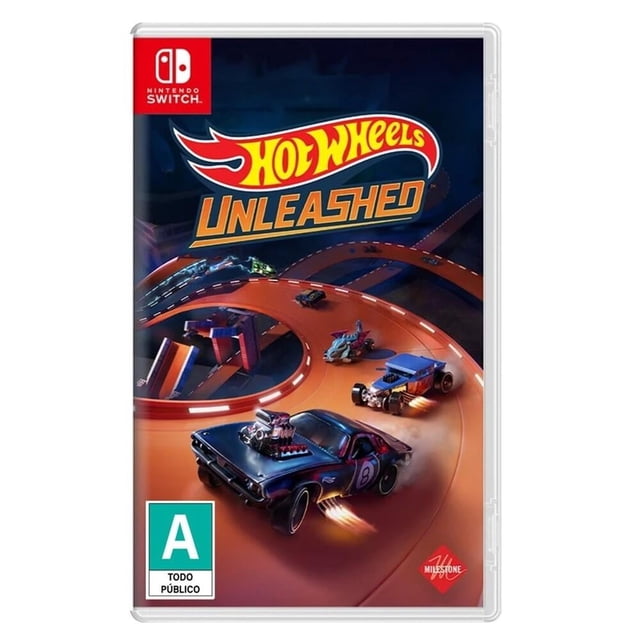 hot wheels unleashed switch físico caja de Nintendo Switch con carátula azul y naranja; portada frontal centrada con el logo 'Hot Wheels Unleashed' arriba y una pista naranja con bucles. Tres autos Hot Wheels en primer plano acelerando con efectos de turbo y chispas; esquina inferior izquierda sello 'A Todo Público'. Suele usarse también como referencia para coleccionistas de carátulas.