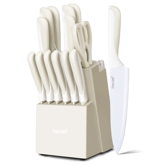 Juego de Cuchillos de Cocina hecef de 15 Piezas con Recubrimiento Antiadherente - Beige