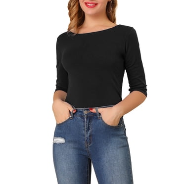 CAMISETAS CASUAL DE MUJER CON MANGAS ALBARDADAS Y CUELLO BARCO, AJUSTADAS Y SENCILLAS, NEGRAS, TALLA XS