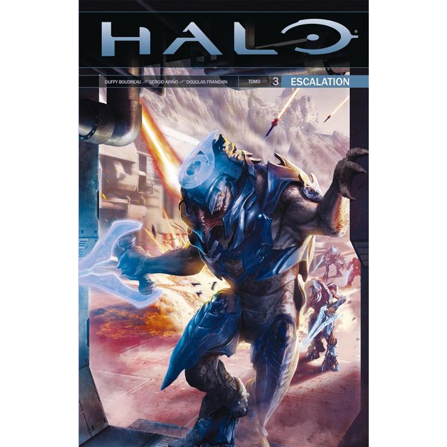 halo escalation dark horse tomo 3a Libro nuevo en español, portada frontal con un guerrero Covenant en armadura azul en primer plano mostrando casco y placas, explosiones y escombros en un paisaje urbano devastado al fondo, Spartans en acción y banda superior con logo HALO, número 3 y texto Escalation. A menudo usado por fans de la saga para coleccionar números de la serie Spartan Ops.