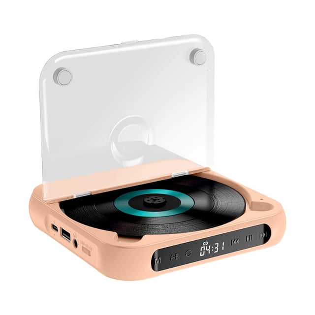 xihbxyly reproductor de cd portátil rosa, vista 3/4 con tapa transparente abierta, bandeja circular con disco, pantalla frontal con tiempo de reproducción y botones integrados, puerto USB y entrada auxiliar visibles, carcasa compacta de bordes redondeados, diseño a prueba de golpes, conectividad Bluetooth y múltiples modos de audio; suele utilizarse como reproductor portátil para viajes.