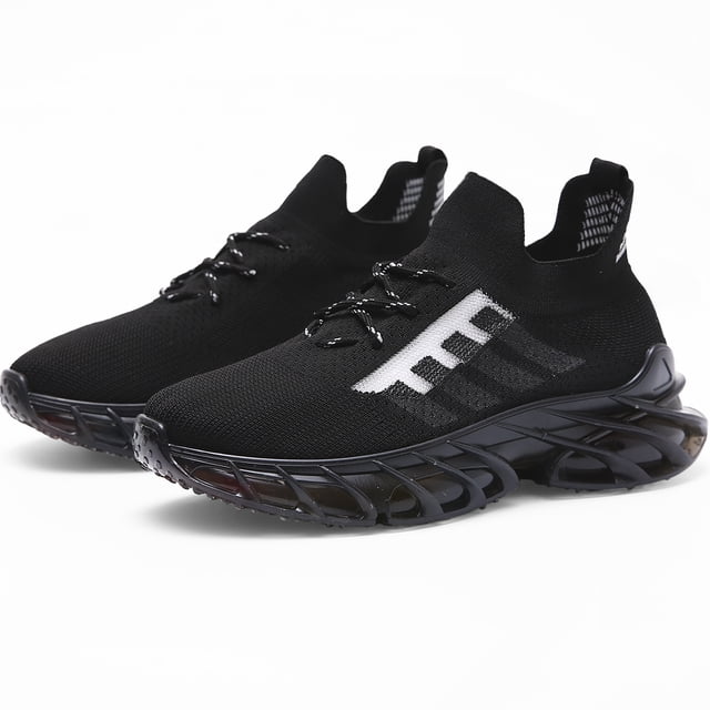 tenis hombre, zapatos hombre deportivos, zapatos de malla transpirable para hombre, zapatillas de deporte casuales de moda para entrenamiento caminar correr gimnasio Negro Shendy Vendy, vista 3/4 lateral de par de tenis negros con malla knit y cuello tipo calcetín; cordones elásticos, franjas blancas tejidas en el costado y suela negra translúcida con diseño estriado que aporta tracción y amortiguación; fondo blanco, ligeros y adecuados para caminar, correr, gimnasio y uso diario.