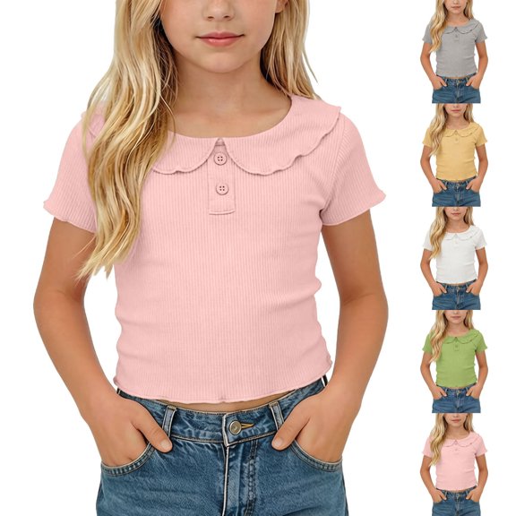 Playeras con Cuello para Niñas - Playeras Acanaladas de Cuello Redondo y Manga Corta para Niña, Playera Corta Ajustada Casual de Verano con Botones Ornamentales Rosas 1 Año