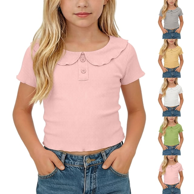 Playeras con Cuello para Niñas - Playeras Acanaladas de Cuello Redondo y Manga Corta para Niña, Playera Corta Ajustada Casual de Verano con Botones Ornamentales Rosas 1 Año