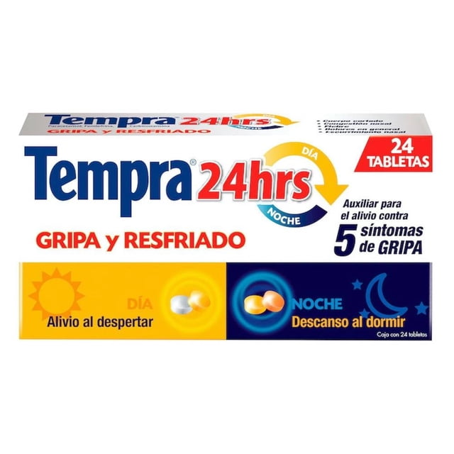 antigripal tempra 24 hrs paracetamol, fenilefrina, carbinoxamina caja con 24 tabletas; empaque frontal blanco con logo Tempra 24hrs en azul y rojo, texto 'GRIPA Y RESFRIADO', sello rojo '24 TABLETAS', franja inferior amarillo (DÍA) y azul oscuro (NOCHE) mostrando dos tabletas y leyendas 'Alivio al despertar' y 'Descanso al dormir', indicado para aliviar síntomas como congestión nasal.