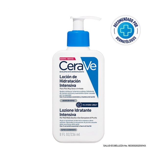 loción hidratante intensiva cera ve para piel seca a muy seca 236 ml botella frontal con bomba azul y logo CeraVe; etiqueta en español indica Hydro-Urea, 3 ceramidas esenciales, Tecnología MVE y manteca de karité, desarrollada con dermatólogos, apta para hidratación intensa.