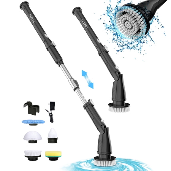 Limpiadora Eléctrica Giratoria TASVAC Negra Impermeable IPX5, Mango Largo + 5 Cabezas Intercambiables | Baño, Azulejos, Pisos