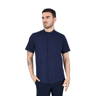 Camisa Look De Lino Manga Corta Azul Marino Cuello Mao Slim Fit Hombre