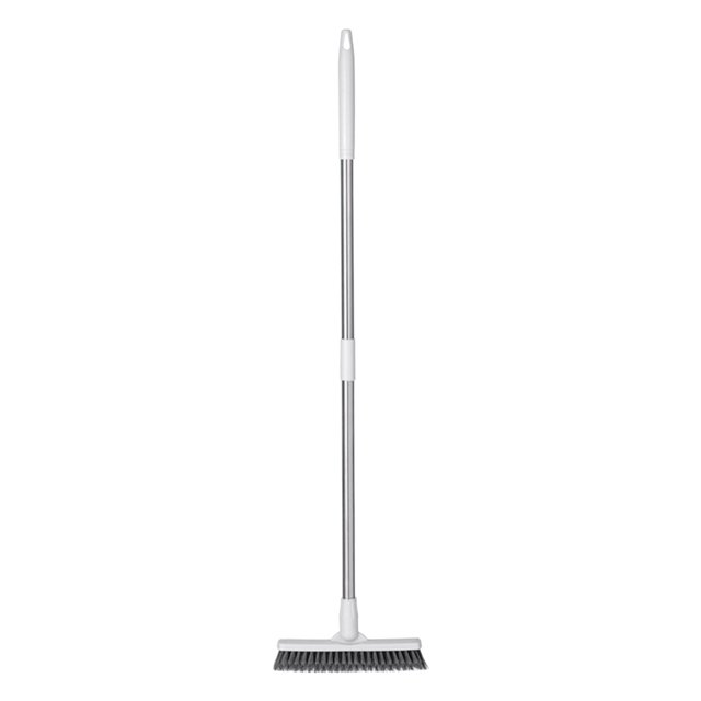 cepillo de piso de mango largo, cepillo de fregar con cerdas duras, limpiador de baldosas, cepillo para lechada con mango de acero inoxidable para baño, cocina, limpieza del hogar — vista frontal centrada de cepillo con mango largo de acero inoxidable y plástico blanco, cabezal desmontable con cerdas duras oscuras; dimensiones aproximadas 120 × 15 × 10 cm; empuñadura superior blanca y anclaje central desmontable, diseñado para fregar lechada y limpiar azulejos, duchas, pisos de madera y cemento; también adecuado para uso manual al retirar la cabeza.