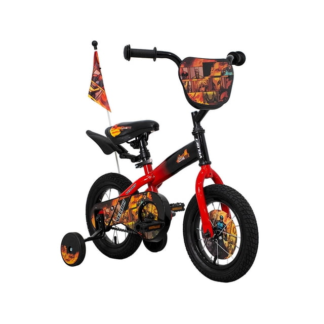 bicicleta veloci lithium rodada 12 rojo infantil 3/4 frontal con rueditas de entrenamiento; cuadro acero Hi-Ten R12 pintado rojo, cubrecadena y guardapolvo de plástico con gráfico, asiento infantil negro, manubrio integrado con placa frontal decorativa, llantas neumáticas R12 y banderín trasero; adecuada para practicar equilibrio en patios y viajes cortos.