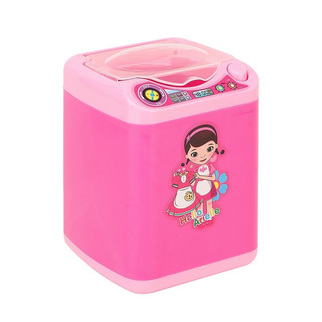 mini lavadora de juguete buyweekmx juguete educativo para niños, vista 3/4 frontal de mini lavadora rosa con tapa superior transparente, panel de botones ilustrados y calcomanía de niña; cuerpo de plástico liso, funciona con 2 pilas AA (no incluidas), tamaño aprox. 7.5 x 7.5 x 10.5 cm, adecuada para desarrollar coordinación mano-ojo mediante juegos de movimiento fino.