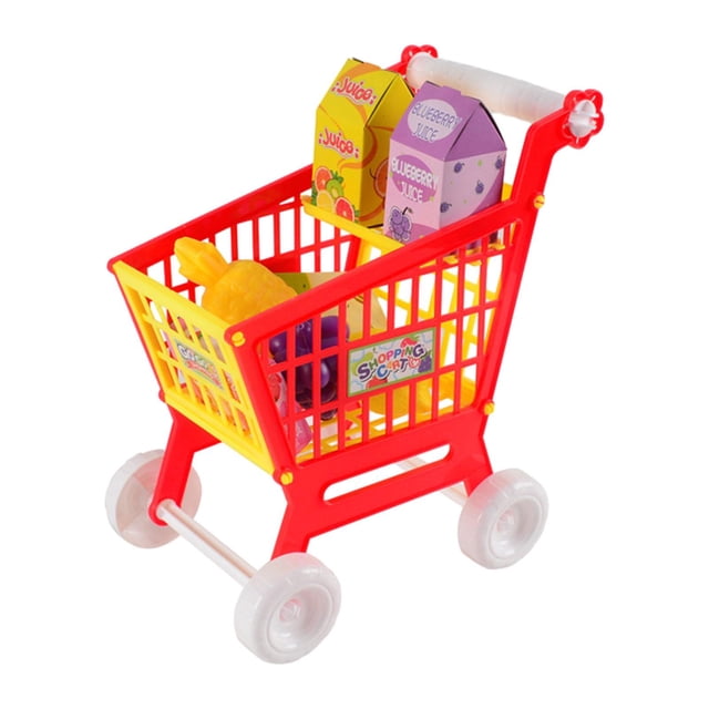 juego de carrito de compras para niños, carrito de supermercado de juguete para niños, carrito de compras rojo — carrito de juguete rojo con canasta de rejilla y mango blanco en vista frontal 3/4; ruedas blancas, bandeja inferior y accesorios de simulación (cajas de jugo y piezas de comida) visibles, tamaño aprox. 16 x 22 x 26 cm, apto para juego de simulación y aprendizaje de compras.