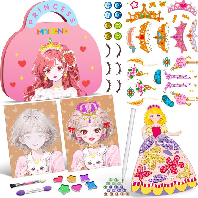 kit de juguetes para actividades artesanales zhoc art craft para niñas de 4 a 9 años o más — set de manualidades tema princesa con estuche rosado y tarjetas de personajes, coronas y accesorios de papel recortado, stickers de pendientes y gemas adhesivas, pincel y aplicadores; vista cenital que muestra piezas para decorar vestidos y múltiples actividades de bricolaje, adecuado para entretener en viajes y fiestas familiares.