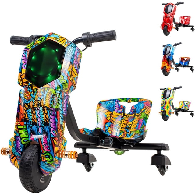 scooter infantil con 3 ruedas luces led patin del diablo para niños resistente 3 a 10 años scooters resistente con altura ajustable monopatin para niños Triciclo eléctrico grafiti multicolor, vista frontal en 3/4; asiento bajo con respaldo, plataforma trasera con tres ruedas giratorias, manillar con empuñaduras negras, luz LED frontal verde encendida, indicador de batería y conexión Bluetooth visibles, controles de freno y claxon; incluye casco y apto para juegos al aire libre.
